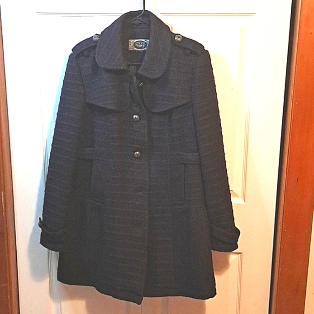 Green with Envy textured peacoat car coat - M - black/blue stripes